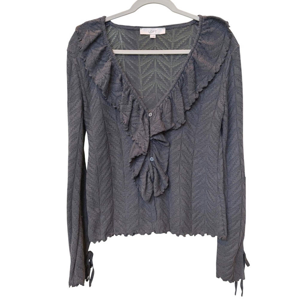 Ruffle V-Neck Pointelle Knit Cardigan Gray Dark Coquette Whimsigoth Medium